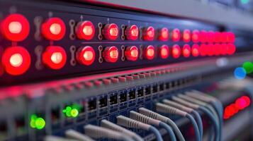 Close-up of illuminated network switches and cables in a data center, showcasing technology in action photo