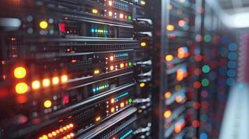 Close-up view of illuminated server racks in a data center, showcasing vibrant lights and technology photo