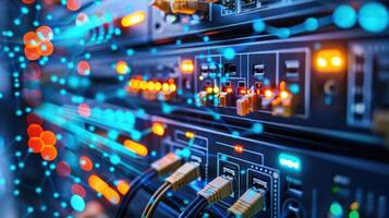 Close-up of server connections with glowing lights and data flow, showcasing technology in action photo