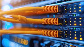 Close-up of network cables connected to a server, illuminated by LED lights in a data center photo