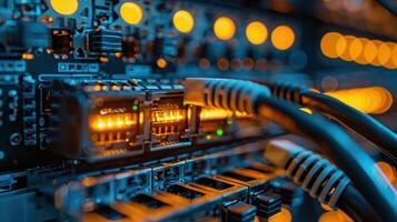 Close-up view of illuminated network cables connected to a server in a data center at night photo