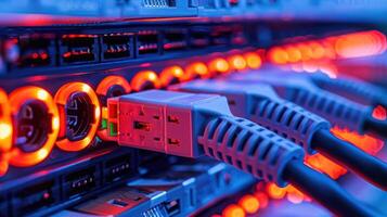 Close-up view of glowing network cables connected to a server in a high-tech data center photo