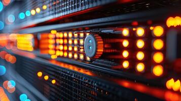 Close-up of illuminated server rack showcasing vibrant lights and intricate wiring in a data center photo