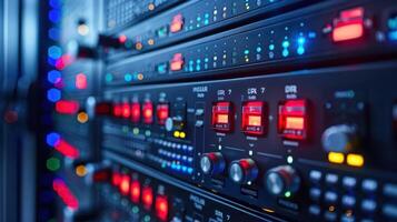 Close-up view of illuminated server rack with colorful lights and control panels in a data center photo