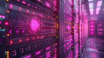 Futuristic server room with vibrant pink lights and intricate technology, showcasing digital data processing photo