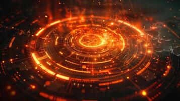 Futuristic digital interface with glowing orange patterns and energy swirling in the center photo