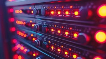 Close-up of illuminated server racks showcasing vibrant red lights in a data center environment photo