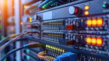 Close-up of a server rack with illuminated indicators and colorful cables in a data center photo