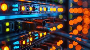 Close-up of illuminated server equipment with vibrant lights and cables in a data center photo