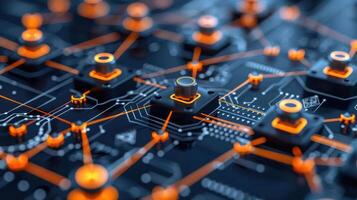 Close-up view of a futuristic circuit board with glowing connections and buttons, showcasing technology photo