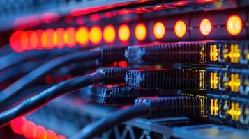 Close-up of illuminated network switches and cables in a data center with vibrant LED indicators photo