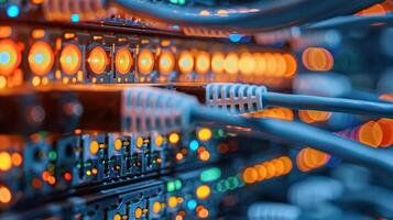 Close-up view of illuminated server rack with cables, showcasing data center technology in action photo