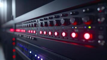Close-up view of illuminated control panel with buttons and indicators in a server room photo