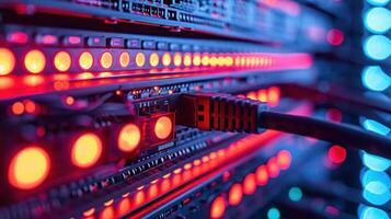 Close-up view of illuminated server racks showcasing network cables and vibrant LED lights photo