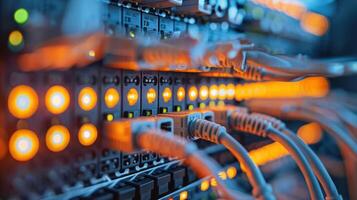 Close-up of illuminated network cables and switches in a data center, showcasing connectivity photo