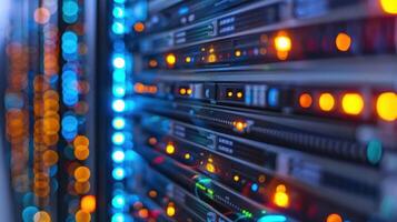 Close-up view of illuminated server rack showcasing vibrant LED indicators in a data center photo