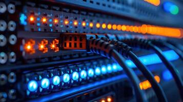 Close-up of illuminated server cables and network switches in a data center environment photo