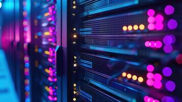 Close-up view of illuminated server racks in a data center with colorful lights and cables photo