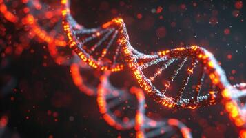 Close-up view of a glowing DNA double helix structure against a dark background with particles photo