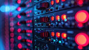 Close-up of illuminated server racks showcasing vibrant lights and technology in action photo