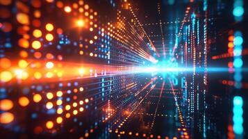 Abstract digital landscape with vibrant glowing lines and dots creating a sense of depth and motion photo