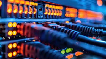 Close-up of illuminated network cables and switches in a data center with vibrant colors photo