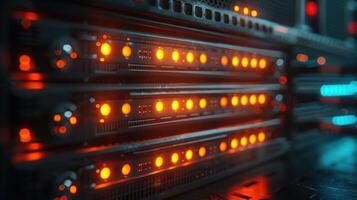 Close-up view of illuminated server racks showcasing data processing in a tech environment photo