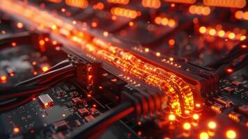 Close-up view of glowing data cables connecting to a circuit board in a high-tech environment photo