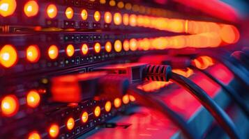Close-up of illuminated server panel with colorful lights and connected cables in a data center photo