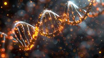 Abstract representation of DNA helix with glowing particles and binary code in a dark background photo