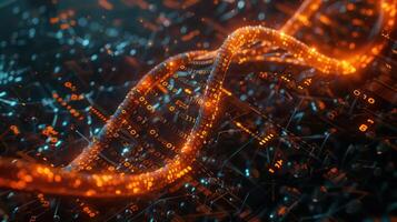 Abstract representation of a glowing DNA strand intertwined with digital data patterns in a futuristic setting photo