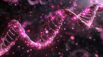 Abstract visualization of a DNA double helix with glowing particles in a dark background photo
