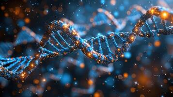Abstract representation of a DNA double helix with glowing particles against a vibrant background photo