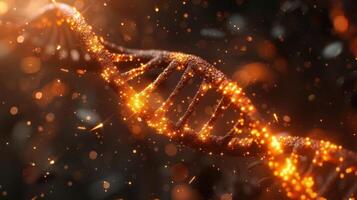 Glowing DNA Helix with Sparkling Particles Set Against a Dark Background, Symbolizing Life photo