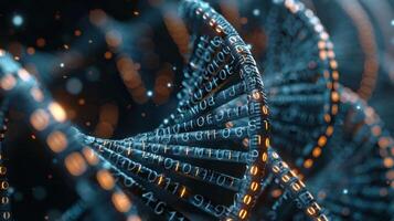 Abstract representation of DNA strands with binary code, symbolizing technology and biology fusion photo