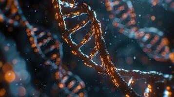 Abstract representation of DNA strands intertwined with glowing binary code against a dark background photo
