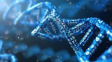 Close-up view of a digital DNA helix composed of binary code, representing genetic information and technology photo