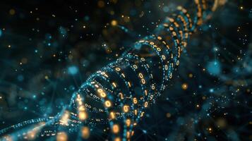 Abstract representation of digital DNA helix composed of glowing binary code against a cosmic backdrop photo