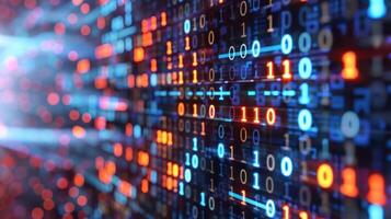 Abstract digital data visualization with binary code and glowing lights in a futuristic setting photo