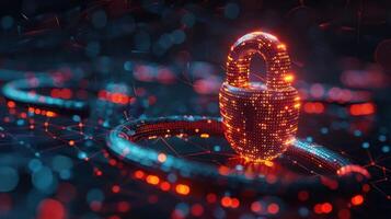Digital lock symbolizing cybersecurity amidst a network of glowing data connections photo