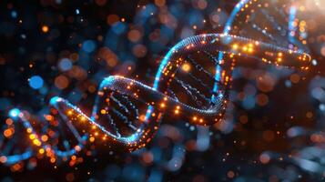Illuminated DNA helix with glowing particles in a dark background, symbolizing genetic research photo