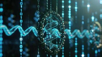 Futuristic representation of DNA strands intertwined with binary code in a digital environment photo