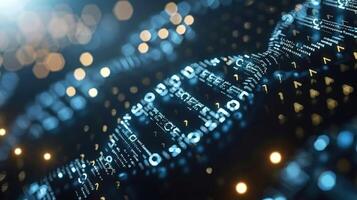 Abstract representation of DNA structure with glowing binary code and light bokeh effect photo