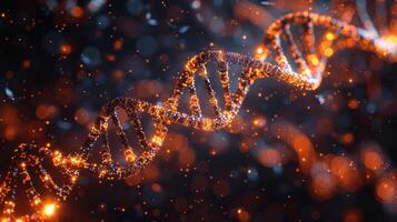 Abstract representation of a glowing DNA double helix with vibrant particles in a dark background photo