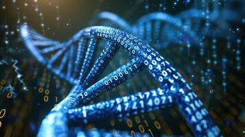 Abstract representation of DNA structure with binary code, symbolizing data science and genetics photo