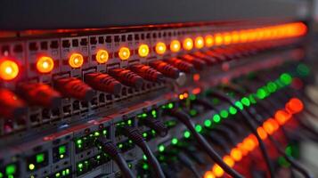 Close-up of illuminated network switches with vibrant LED indicators in a data center environment photo