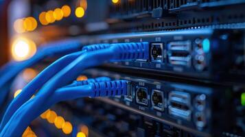 Close-up of blue network cables connected to a server with glowing lights in the background photo