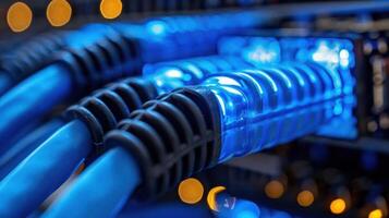 Close-up view of illuminated blue network cables connected to a server, with blurred lights in the background photo
