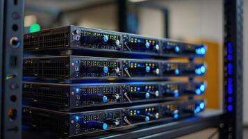 Close-up view of stacked server racks in a data center, highlighting operational indicators and cooling photo