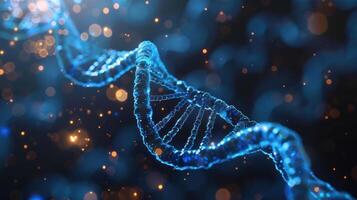Close-up view of a vibrant DNA double helix structure with glowing particles in the background photo